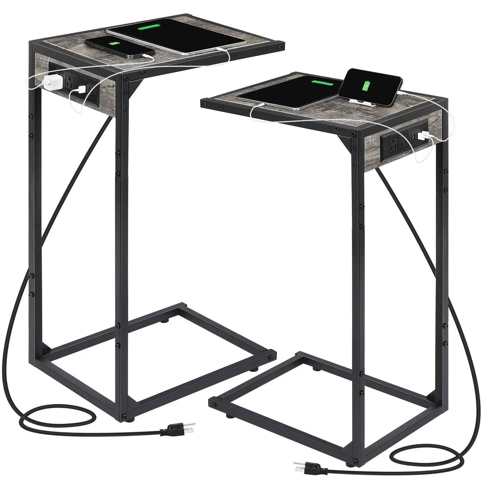 2 Pack Compact Flat Top C-Shaped Sofa Side Tables - EPA-Certified Eco-Friendly Waterproof Indoor Furniture, Built-In Power Console Charging Station with 2 AC Outlets, 3 USB Ports, 6.5-ft Cord, Multi-Purpose for Living Room, Bedroom