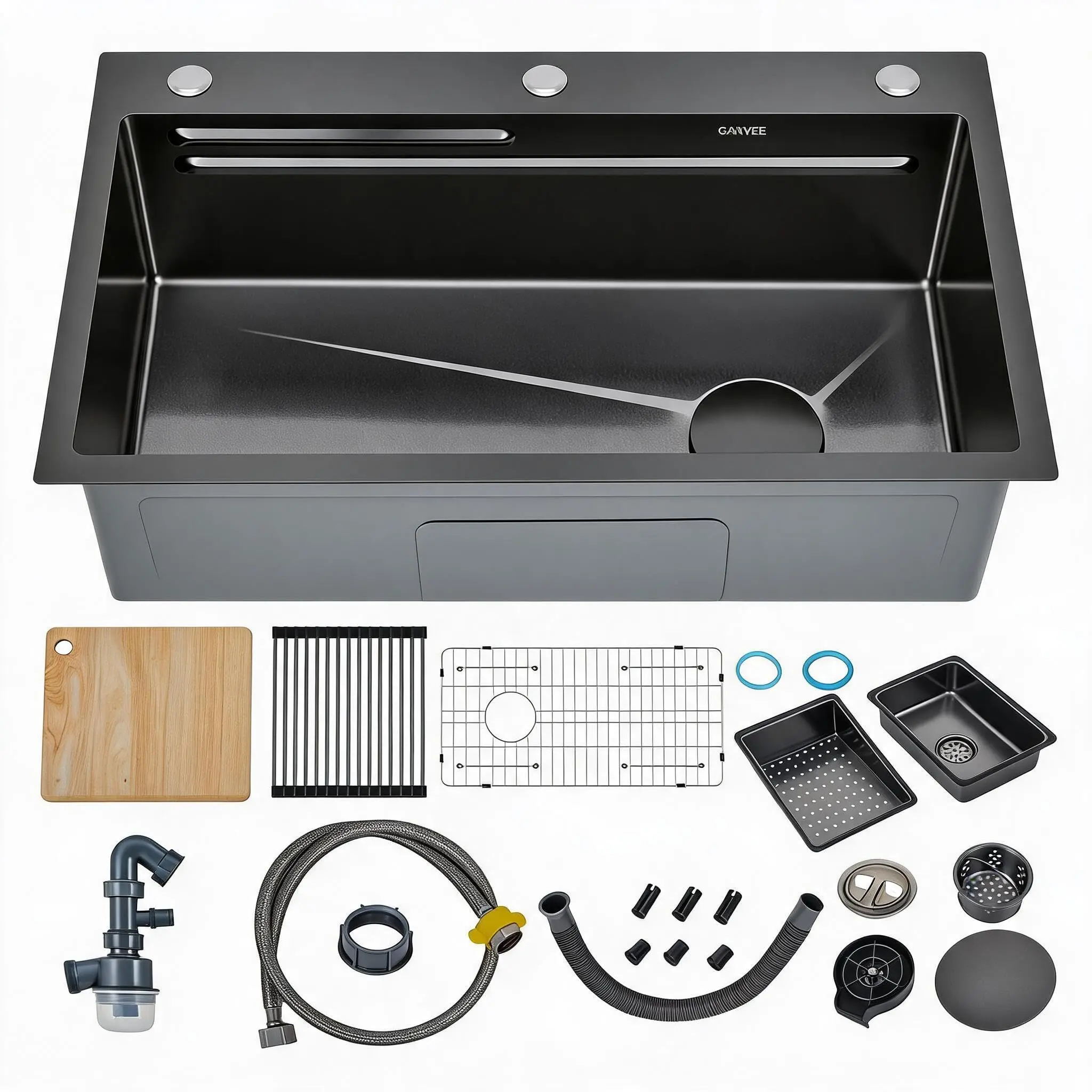 Undermount Kitchen basin 30 in, 16 Gauge Black Stainless Steel Single Bowl - Panel Opening - Includes 7-Piece Accessory Set