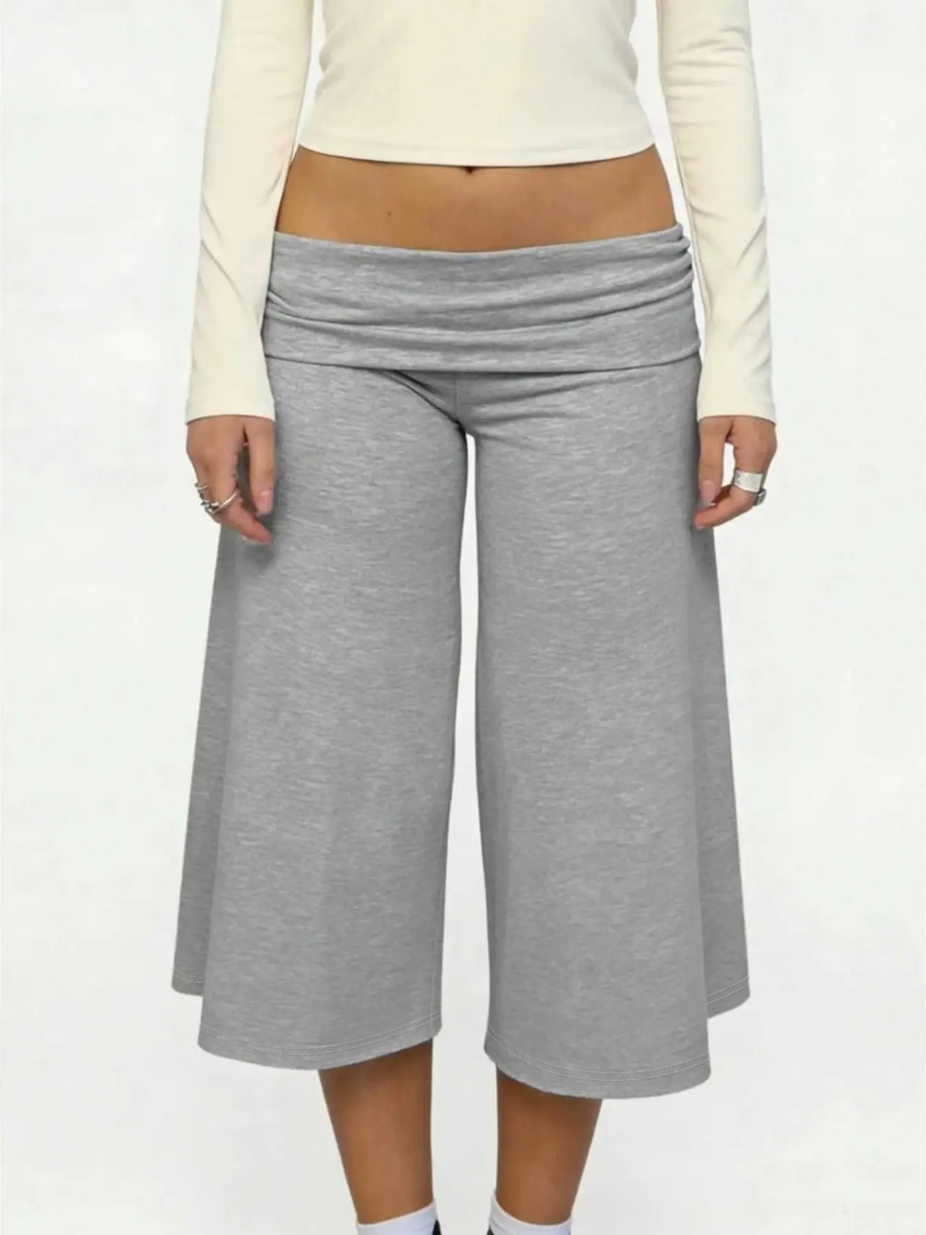 Retro Millennium Fold Over Ruched Waist Low Rise Heather Gray Capri Wide Leg Women Pants Bottoms Soft Stretch Cropped Culottes Vintage Streetwear Aesthetic perfect for city street shoots weekend road trips boutique shopping and viral hot girl summer fits