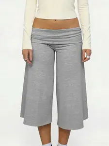 Retro Millennium Fold Over Ruched Waist Low Rise Heather Gray Capri Wide Leg Pants Soft Stretch Cropped Culottes Vintage Streetwear Aesthetic perfect for city street shoots weekend road trips boutique shopping and viral hot girl summer fits