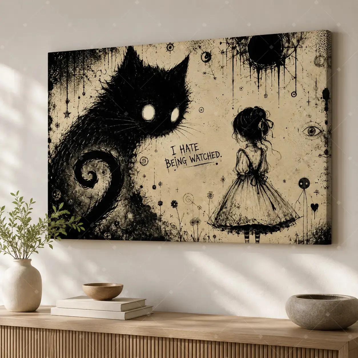 Black Cat Girl Canvas Wall Art, Gothic Cute Quote Poster Print, Whimsical Dark Cartoon Decorative Poster for Living Room Bedroom Dorm Game Room Halloween Decor, Unframed Poster or Framed Canvas Wrap