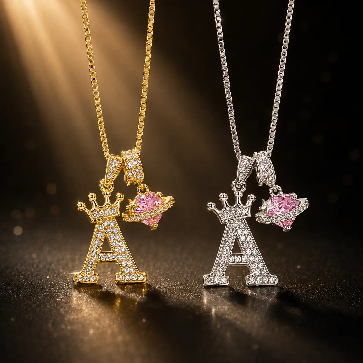 18K Gold Plated Initial Necklace for Women Men Personalized A-Z Letters Crown Pendant Necklace Shiny Pink Heart Cubic Zirconia Pendant Alphabet Name Jewelry Holiday Gift Party Birthday Wedding Engagement Anniversary Jewelry