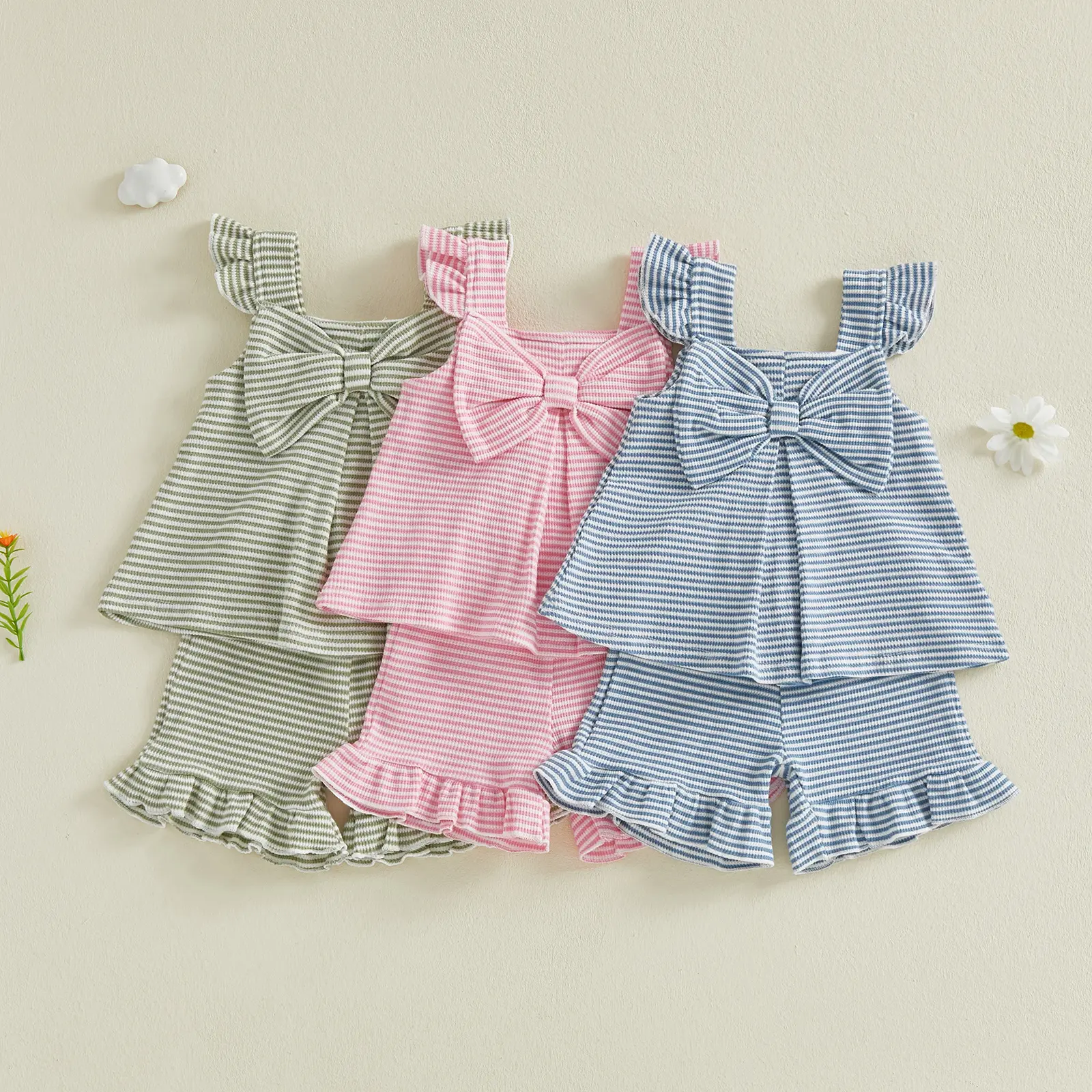 [Mini Cloud] Kids Girls Shorts Set, Striped Fly Sleeve Bow Camisole with Shorts Summer 2-piece Outfit