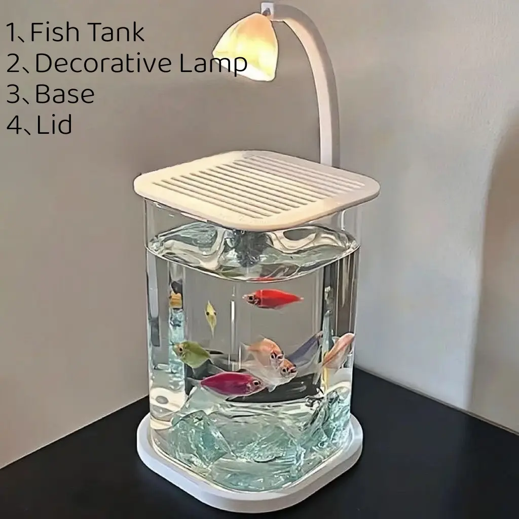 Frameless Top Cover with Ventilation Holes Fish Tanks Aquarium, Fish Tank Comes with Decorations And LED Fish Light, Transparent Design for Home/Office/Classroom - Suitable for Fish, Turtles, Aquatic Plants - Durable Rectangular Fish Bowl