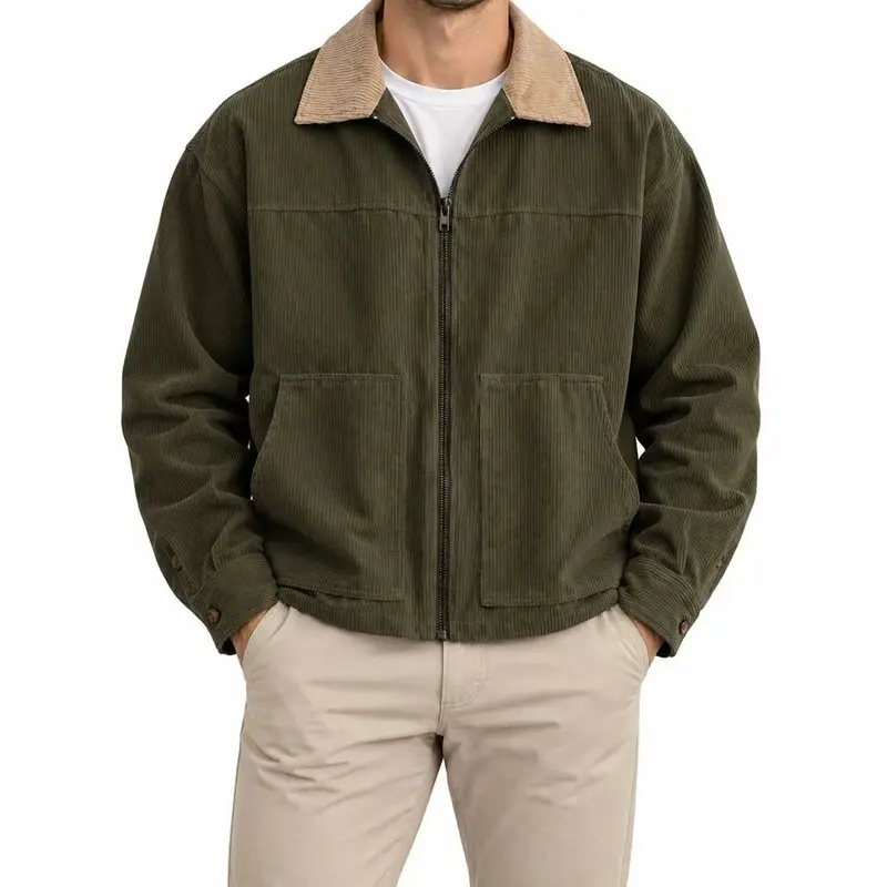 Men’s Corduroy Jacket Oversized Casual Coat with Full Zip Front and Shirt Collar, Vintage Workwear Jacket Loose Fit Long Sleeve Outerwear for Fall Winter Outfit, Streetwear Utility Jacket with Pockets, Lightweight Layering Jacket for Everyday Wear Travel