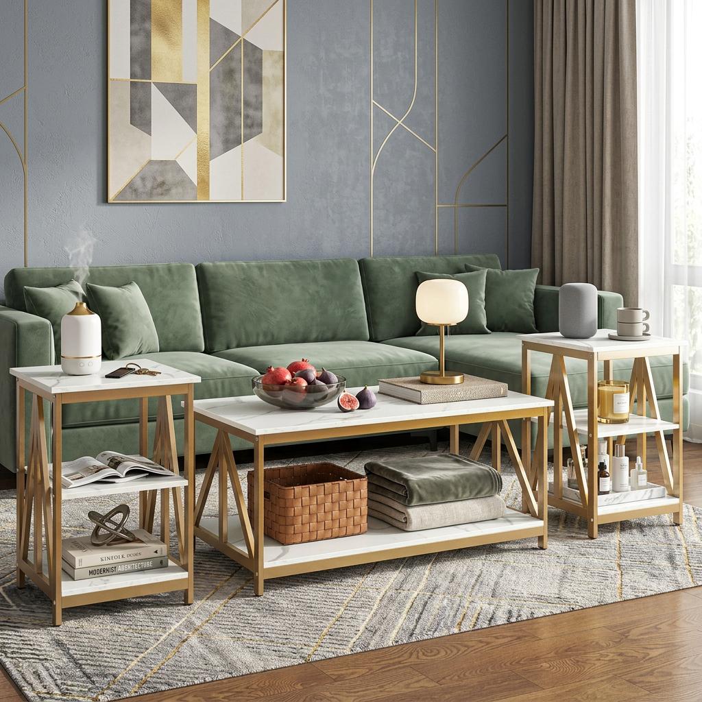 3-Piece Living Room Table Set, Industrial Coffee Table with 2 Square End Side Tables, Sturdy Metal Frame Accent Table Set for Apartment, Home & Office 3-Piece Living Room Table Set, Industrial Coffee Table with 2 Square End Side Tables, Sturdy Metal Frame Accent Table Set for Apartment, Home & Office