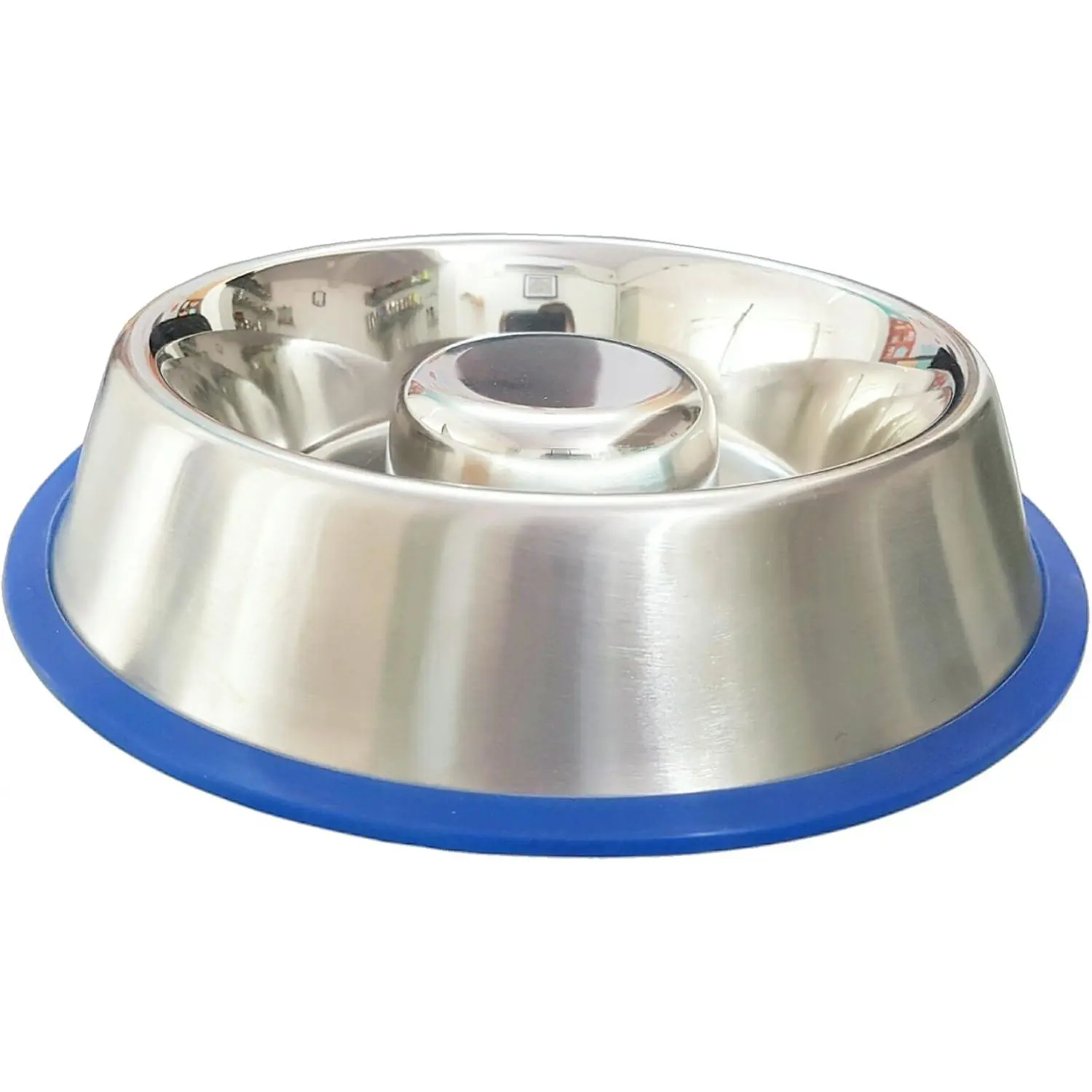 Stainless Steel Interactive Slow Feed  Bowl with a Blue  Base, Fun  Bloat Stop Feeder (Medium)