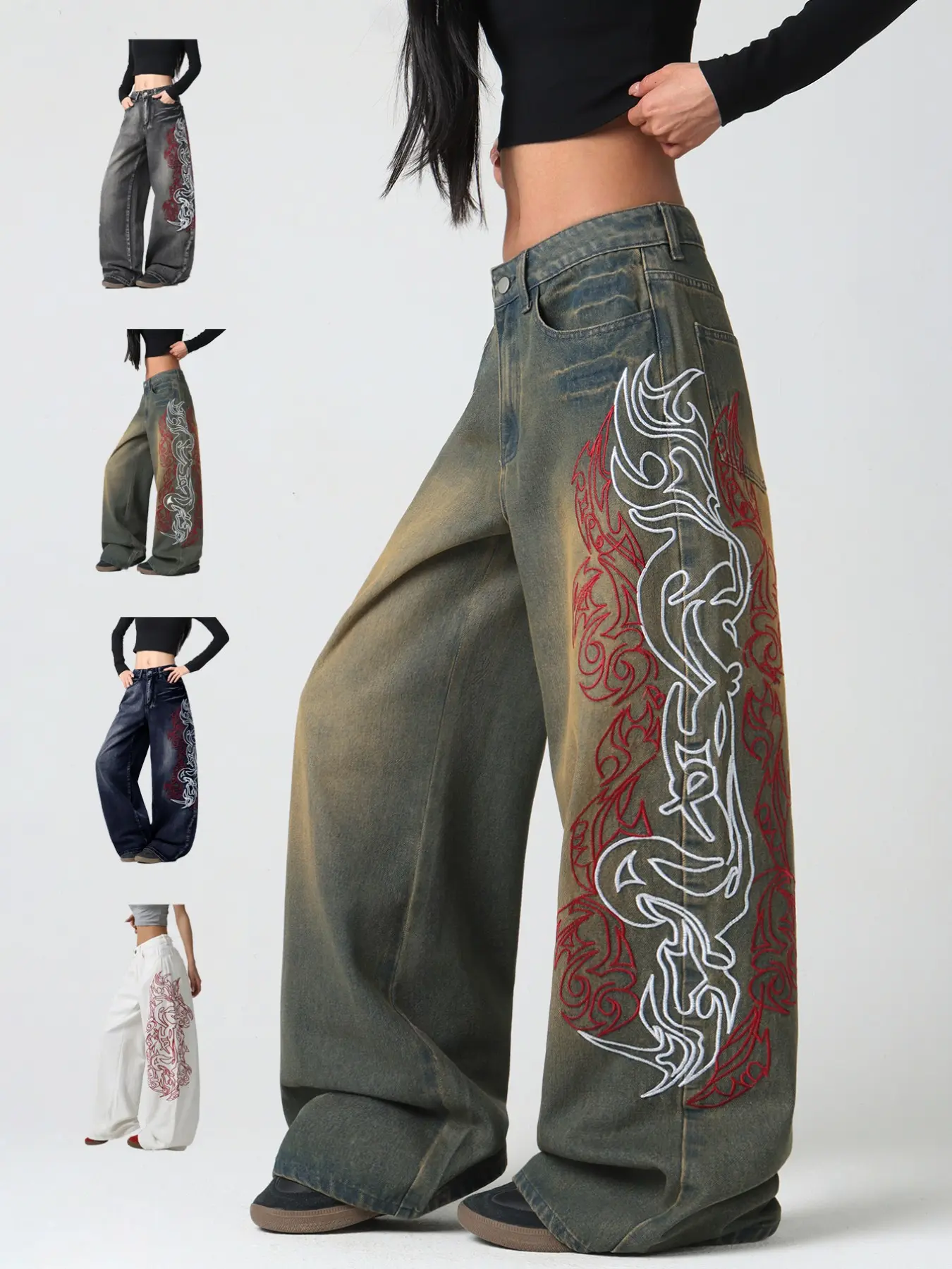 Women's Totem Embroidered Jeans, American Street Style, Comfortable Loose Fit, Trendy Wide Leg Pants, Fashionable All-Season, Casual Comfy Denim, Embroidered Denim Pants, Denim Clothing