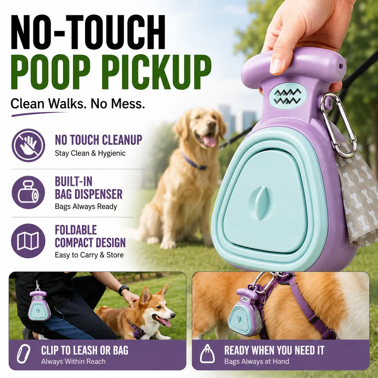 No-Touch Dog Poop Picker with Bag Dispenser, Foldable Clip-On Portable Outdoor Cleanup Tool for Dog Walks