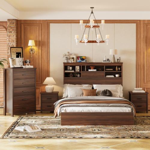 [Bellemave]4PCS Bedroom Sets, Wooden Queen Size Bed Frame with Storage Headboard and Charging Station, 2 Nightstands with 2 Drawers, 1 Dresser with 5 Drawers, Antique Gray