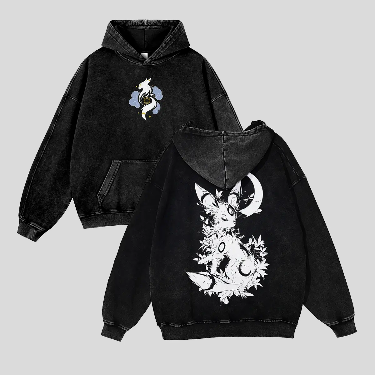 Unisex Umbreon, branches and leaves, auspicious clouds, crescent moon, ink‑wash painting Graphic Washed hoodie Personalized Pattern Y2k Clothing Round Neck Washed hoodie,Women's Clothing 100% Cotton, Menswear, Top, Vintage Style,Summer Casual Oversized