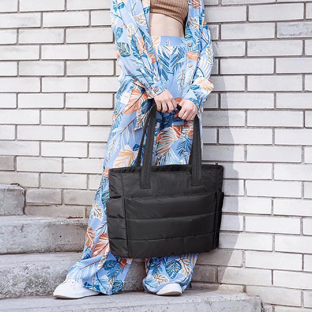 Quilted Puffy Bubble Tote Bag, Lightweight Laptop Shoulder Handbag, Multiple Compartments, Organizer Design, Durable Zippers, Puffer Laptop Tote