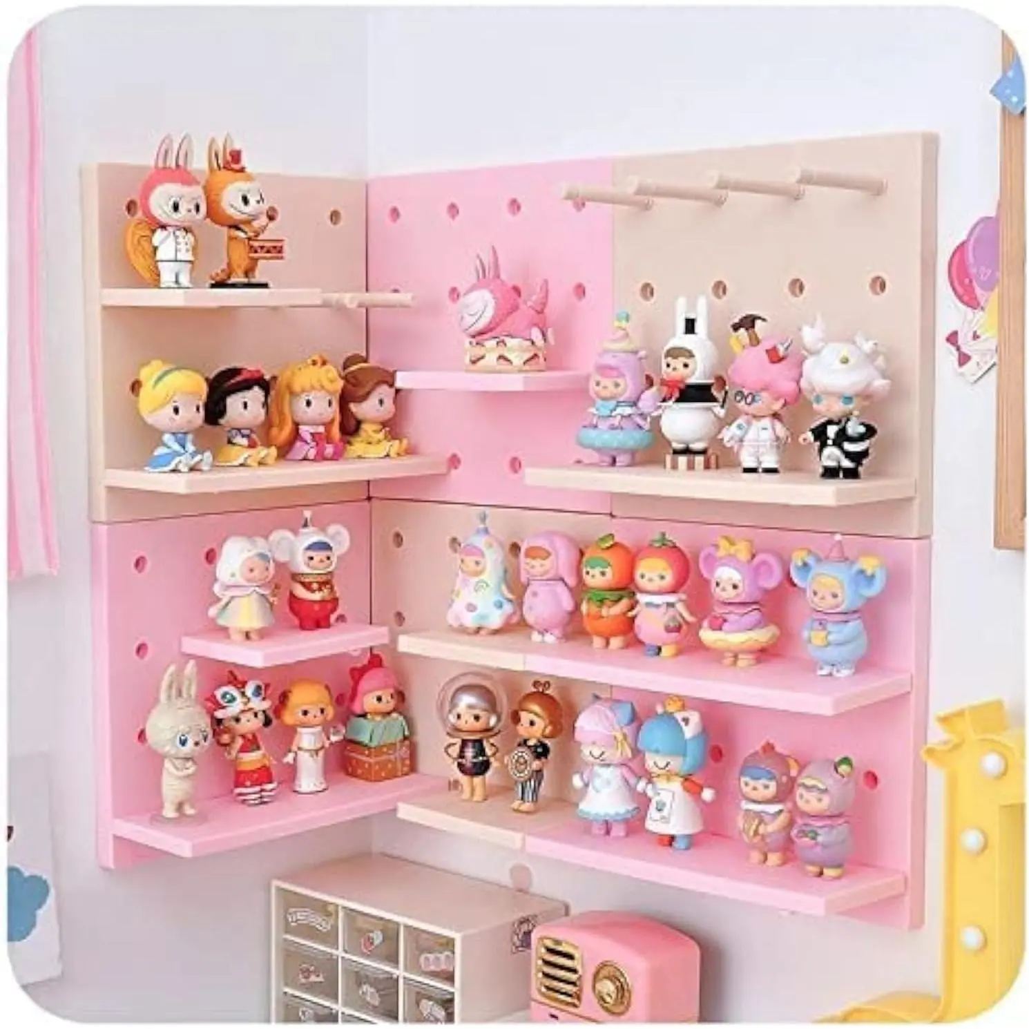 Kawaii Peg Board with Hook, Trinket Shelf for Bedroom, Cute Display Decor | 4 Pack Pegboard Ledges Organizer for  Keychains, Decorative Wall Panel Kits for Blindboxes Lightweight Dolls,