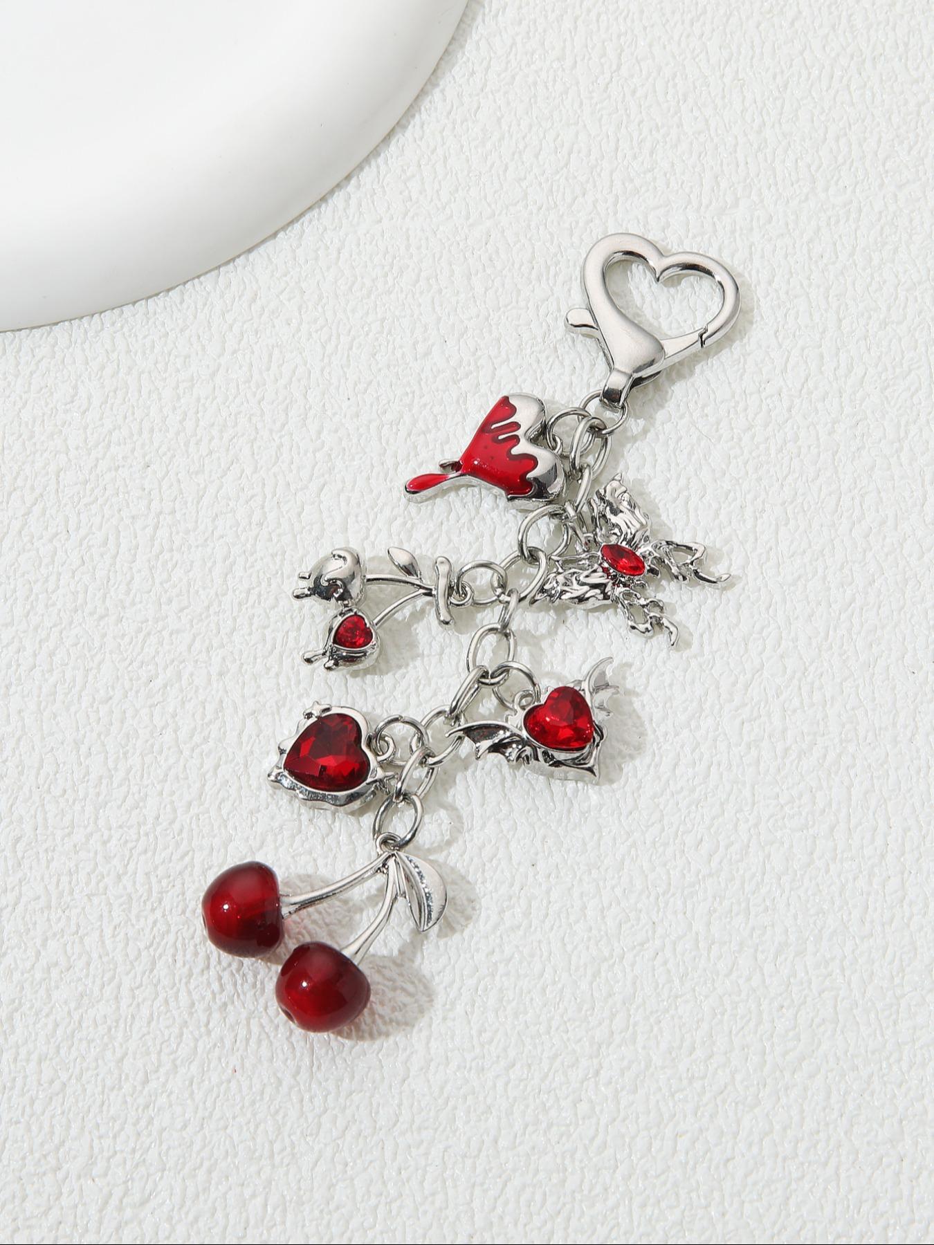Elegant Cherry Heart Wings Butterfly Keychain with Rhinestones, Stylish Y2K Trendy Key Ring Gift for Friends, Beautiful Alloy Accessory