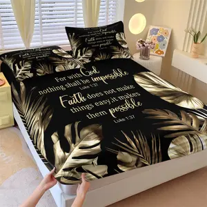 Black Gold Luxury Bible Quote Print Fitted Sheet Set & 2 Pillowcases No Core-Black Base with Gold-Foiled Tropical Plants & Bible Quotes-Non-Slip Mattress Protector-Religious Inspirational Bedroom Decor