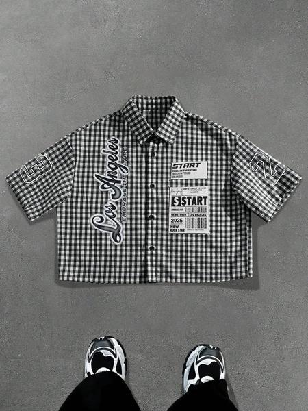 Men's Regular " Los Angeles " Print Short Sleeve Shirt, Casual Retro Gingham Shirt for Daily Wear, Fashion Men's Top for Summer, Fitted