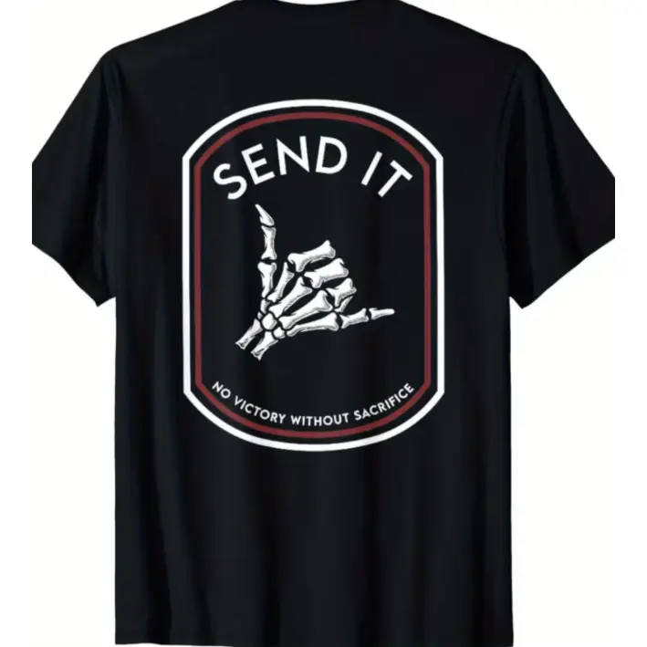 Oversized Comfort Cotton Graphic Tee, Send It Skeleton Shaka Hand Back Print Fashion Outfit, SummerVibes,Skeleton Surf Motocross Casual Shirt, Ideal Valentine Holiday Present For Him Her Extreme Sports Skeleton Hobby Lovers