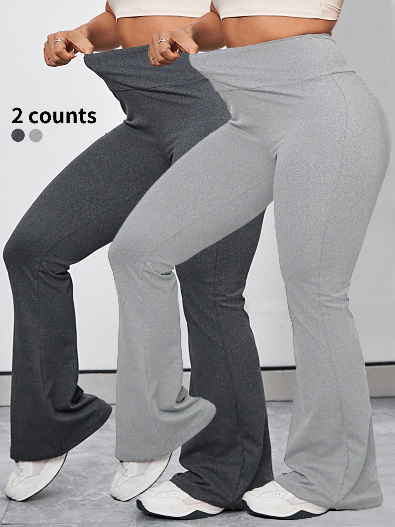 Plus Size Solid High Waist Flare Leg Sports Leggings, Breathable Wide Waistband Bell Bottom Pants for Yoga, Gym and Fitness, Women's Plus Sportswear for Summer