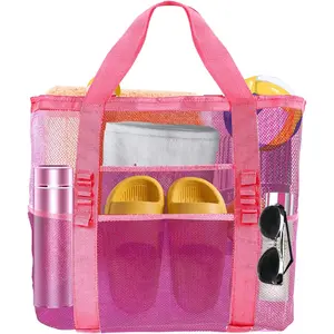 Large Mesh Beach Bag - Lightweight & Foldable Family Beach Bag with 9 Pockets for Toys, Towels & Vacation Essentials(Gift)