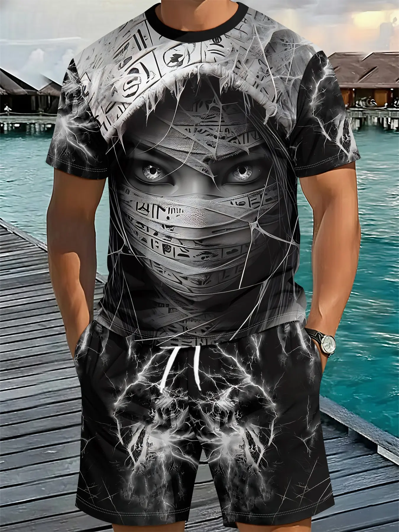 Two-piece set with 3D digital print featuring ancient civilization mummy figure, lightning motifs and dark street style on black background, 2Pcs, trendy fashion suit, retro casual two-piece outfit, trendy vacation wear, breathable sporty casual style, an