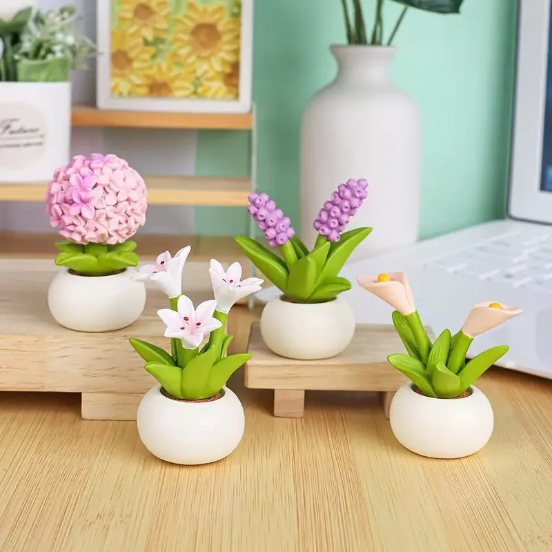 4 Pcs Cute Resin Mini Potted Flower Figurines, Aesthetic Cottagecore Desk Accessories & Car Interior Decor, Tiny Plants Desktop Ornament Gift