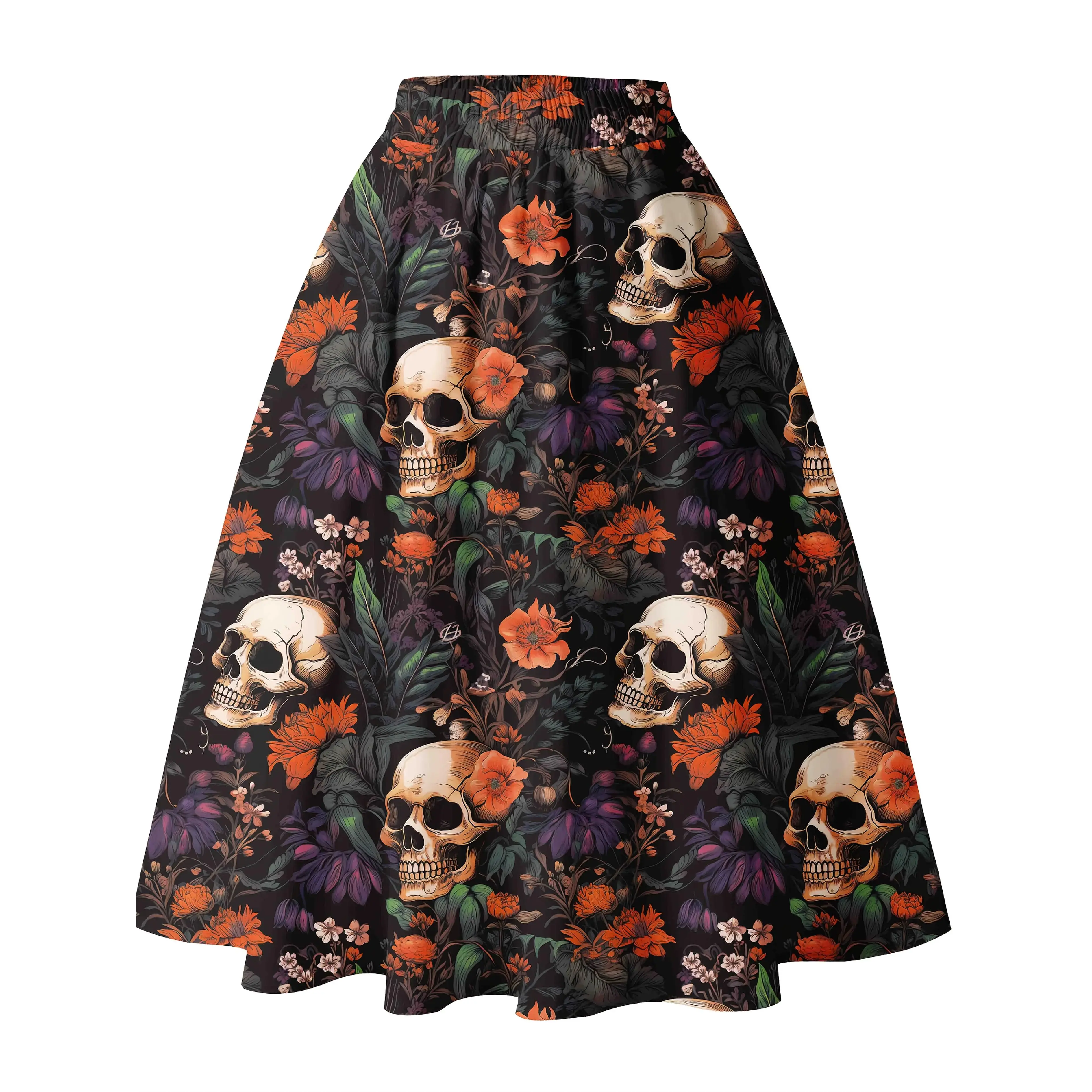 Women'S Vintage Floral Skeleton Print A-Line Skirt with an Elegant Flared Design And Elastic Waist for Vacation