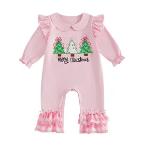  Newborn Baby Girl Christmas Romper Long Sleeve Doll Collar Christmas Tree Embroidery Jumpsuit Fall Winter Footie Clothes