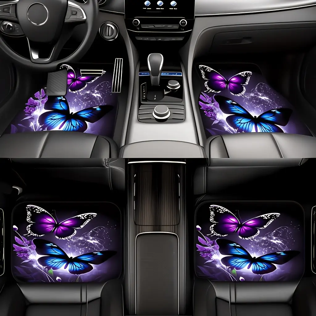 4-Piece Set Butterfly Print Car Mats, Car Floor Mats, Car Interior Accessories Girls, Universal Fit for Cars Suvs Trucks, Multi-Functional Trunk Mat, Christmas Halloween Gift, Auto Interior Accessories