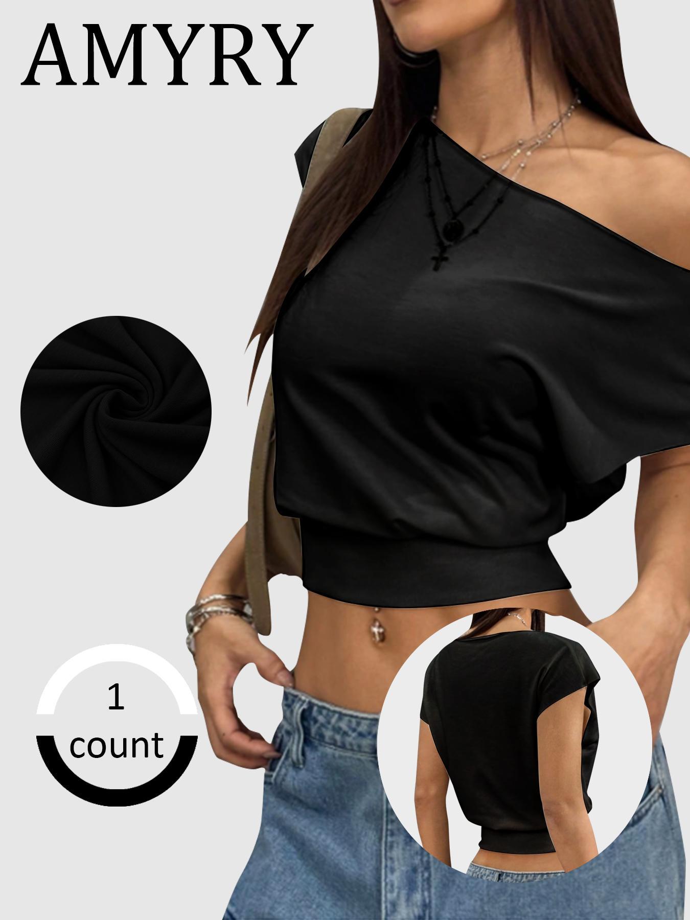 Women's Solid Off Shoulder Asymmetrical Tee, Casual Fashion Long Sleeve T-shirt for Daily Wear, Ladies Clothes for All Seasons, Top