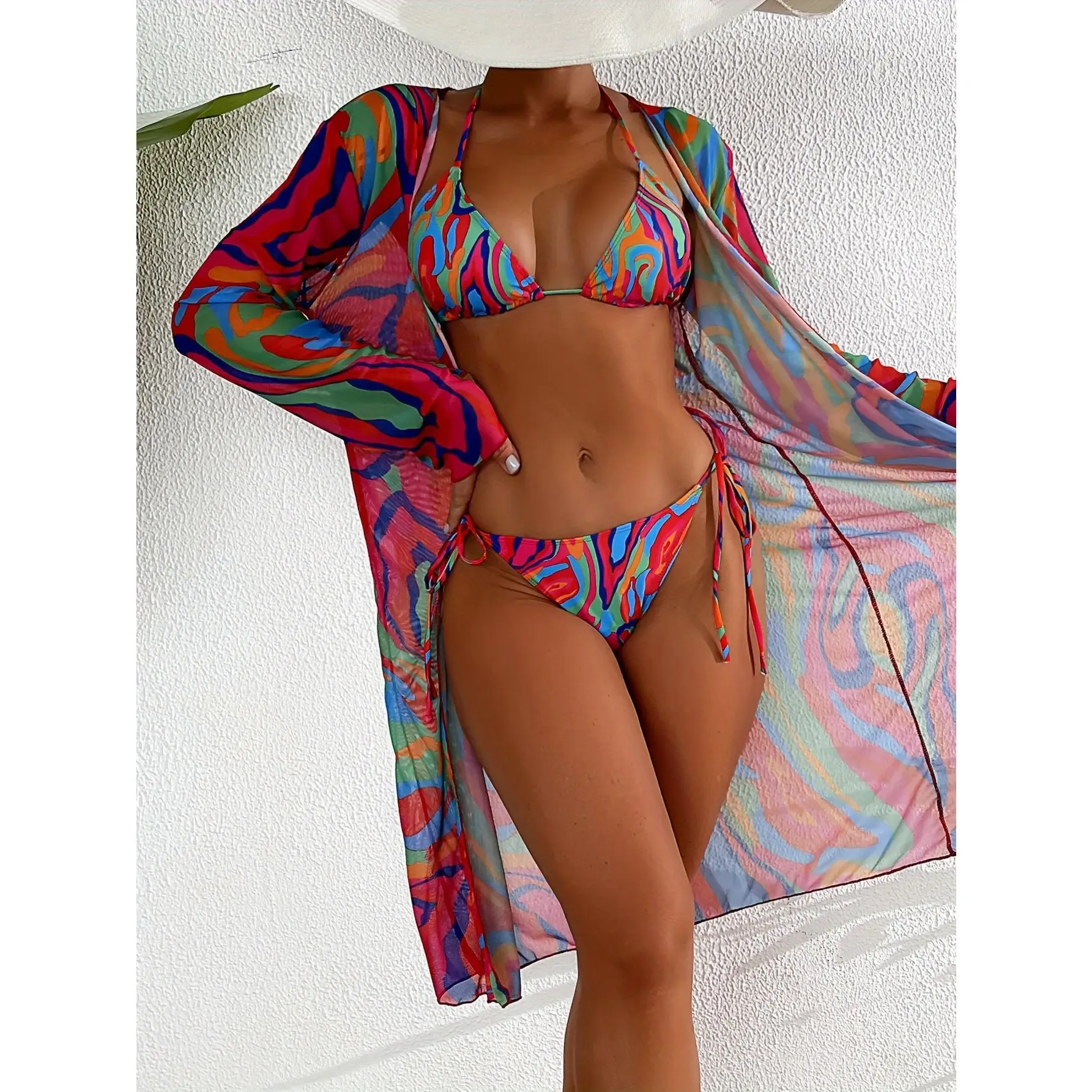 Women's 3-Piece Swimsuit Set, Stylish Sheer Mesh Bikini With Cover-Up, Colorful Print, Beachwear For Summer Vacation