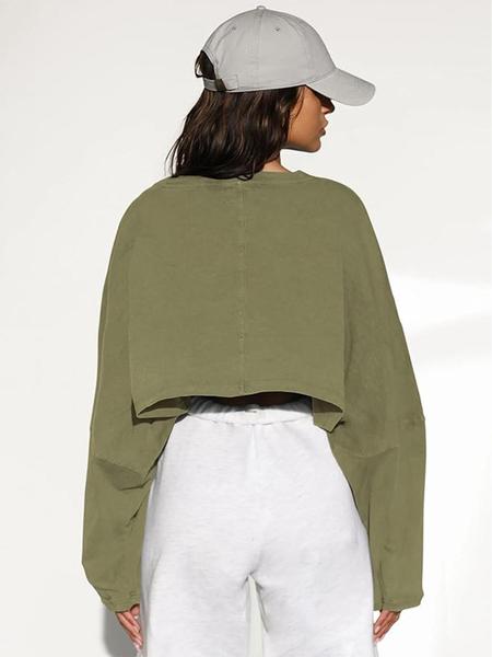 Women's Long Sleeve Round Neck Crop Top T-Shirt, Casual Solid Color Loose Pullover Sweatshirt, Perfect for Sports & Daily Wear, Casual Sporty Top