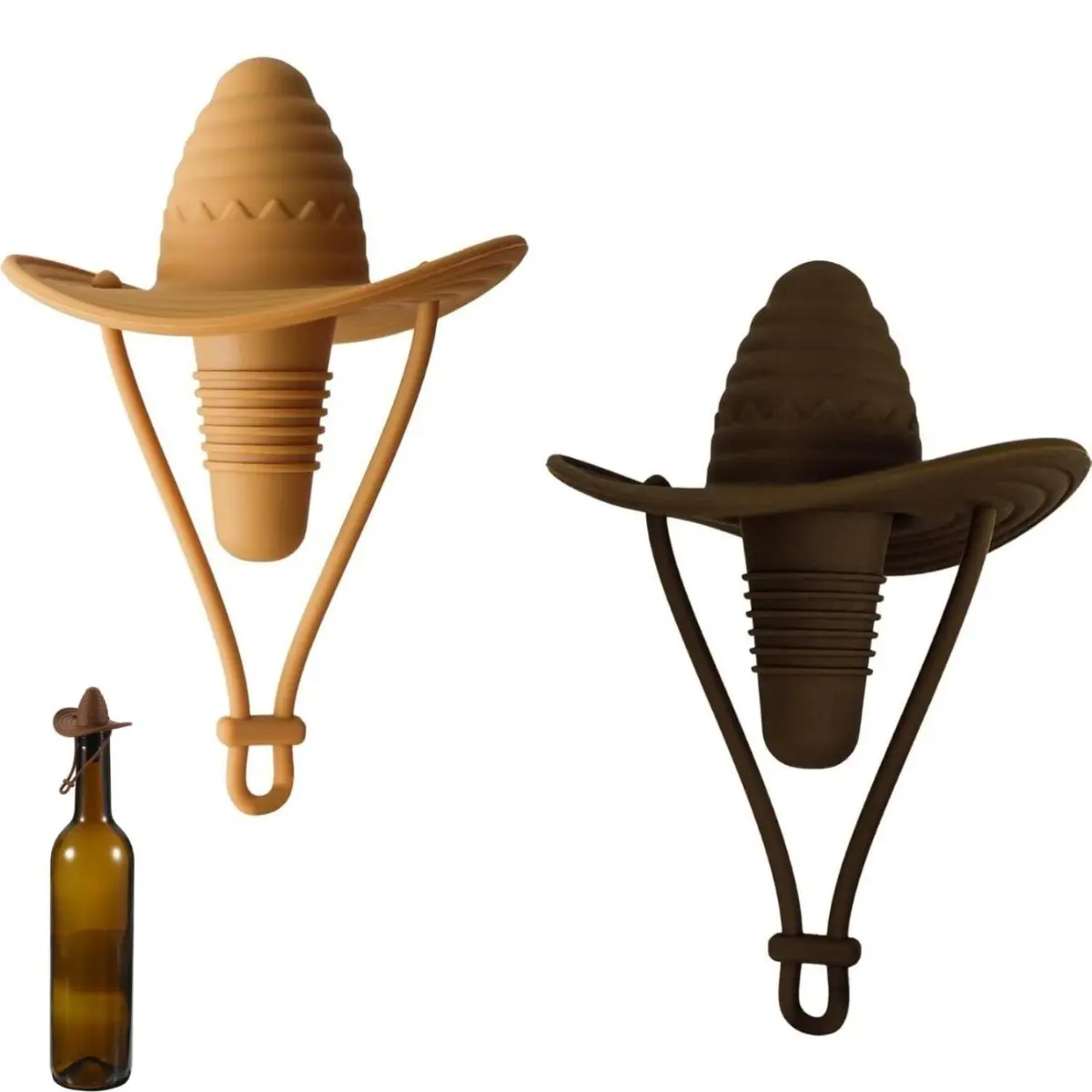 Peaked Cowboy Hat Wine Stopper, Reusable Fun Wine Stoppers Airtight Leak-proof Bottle Plug Novelty Beer Beverage Glass Bottle Stopper for Bar Holiday Party,Brown and Beige, Set of 2