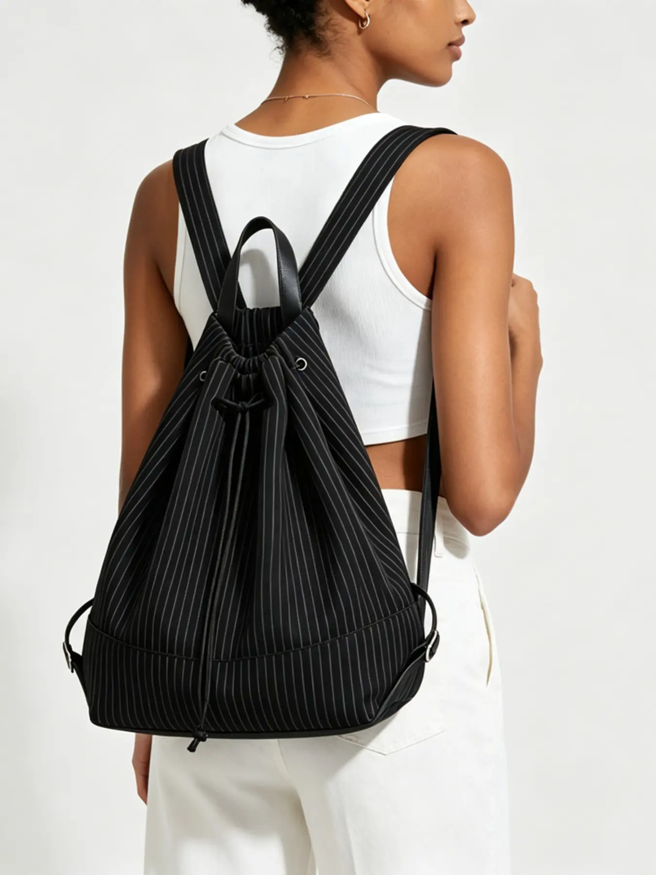 Striped Drawstring Bucket Bag, Lightweight Large Capacity Canvas Backpack, Adjustable Strap, Waterproof, Versatile for Students and Office Workers