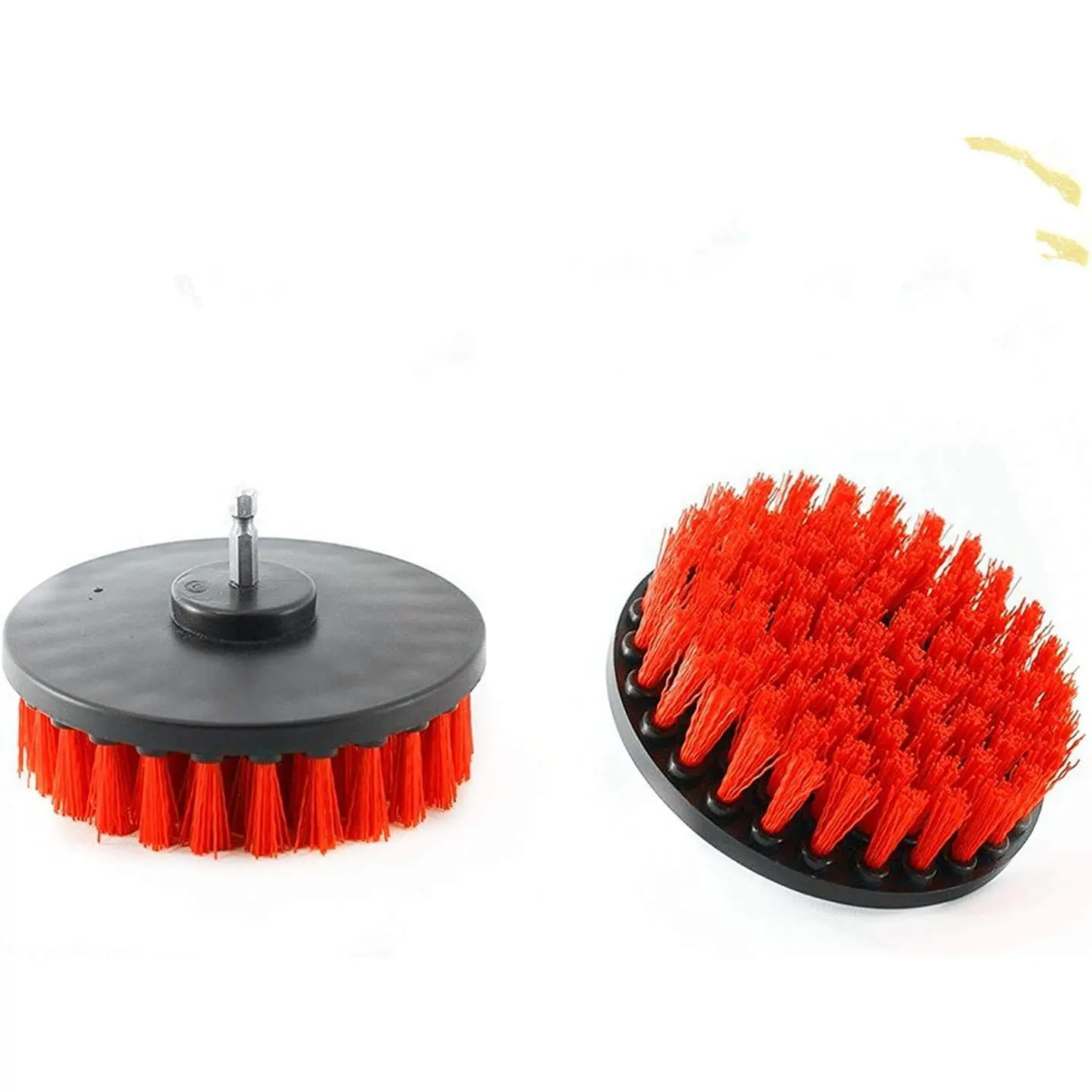 Drill Brush Heavy Duty 2 count – Clean Tile & Grout 5X  – Spin  Rust, Soap Scum, Mineral Deposit, Hard Water Stain – 5″ Diameter Stiff Red Nylon Bristle with Metal Shaft Attachment