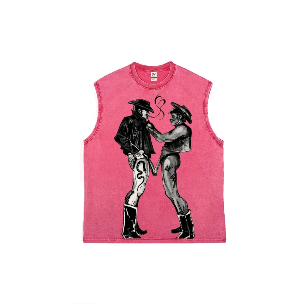 Men’s Vintage Acid Washed Pink Sleeveless Tank Top, Classic Tom of Finland Western Cowboy Gay Art Graphic Print Crew Neck Cutoff Cotton Vest, Retro Distressed Muscle Tee for Pride Club Street Daily Outfit S-5XL