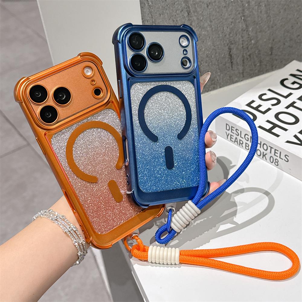 Luxury Wrist Strap Glitter Lanyard Phone Case For iPhone 17 Air 16 15 14 13 Pro Max For Magsafe Wireless Charging Armor Cover