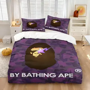 BAPE Purple Camouflage Duvet Cover Set, Classic Ape Head & Star Logo Print Bedding, Includes 1 Quilt Cover and 1/2 Pillowcase, Soft Comfort Fabric,Multiple Sizes Available, Home HypebeastStyle Decor