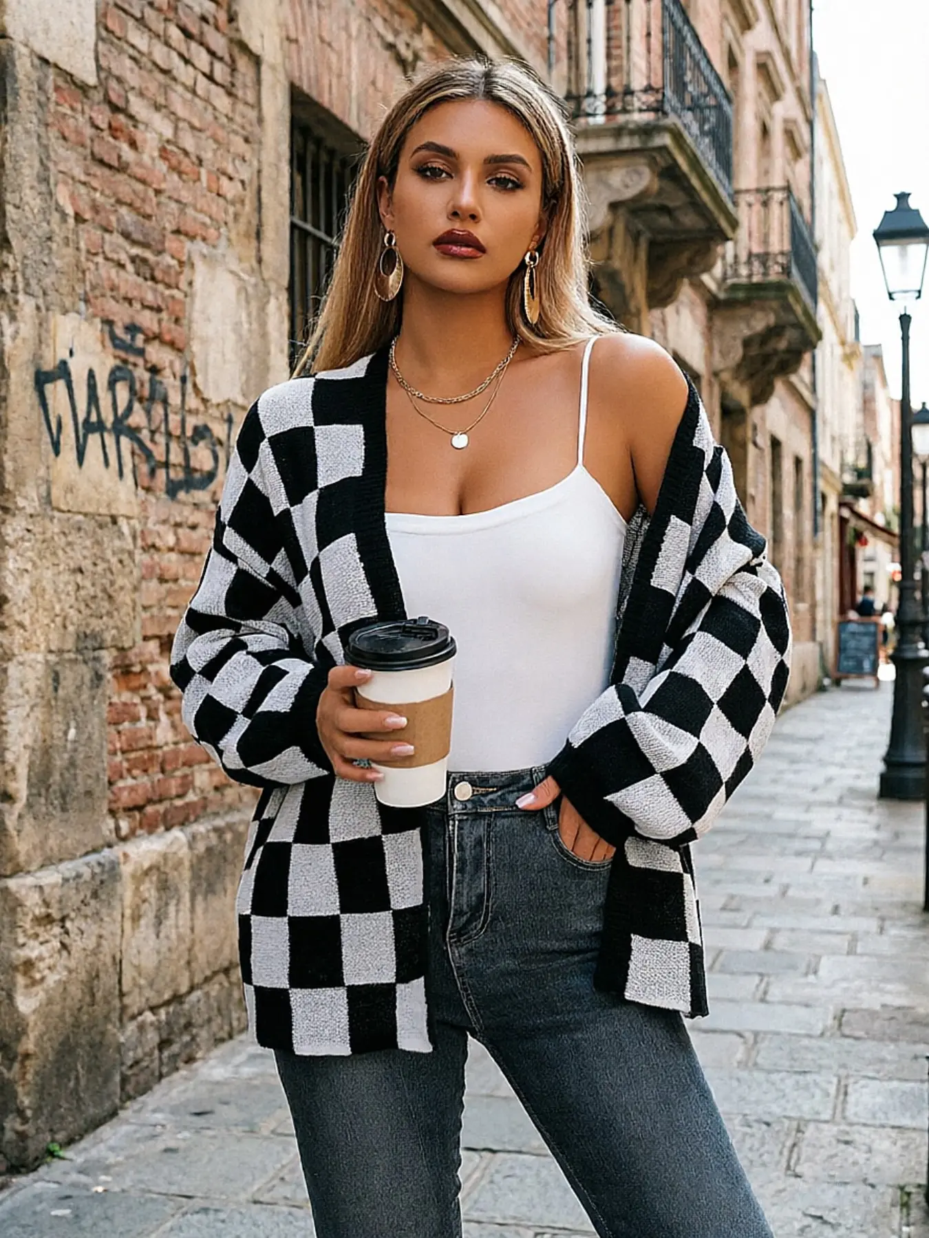 Women's Checkerboard Knit Cardigan | Loose & Lazy Style Long Sleeve Lantern Sleeve Colorblock Jacket, Versatile Autumn/Winter Layering Sweater Knitwear