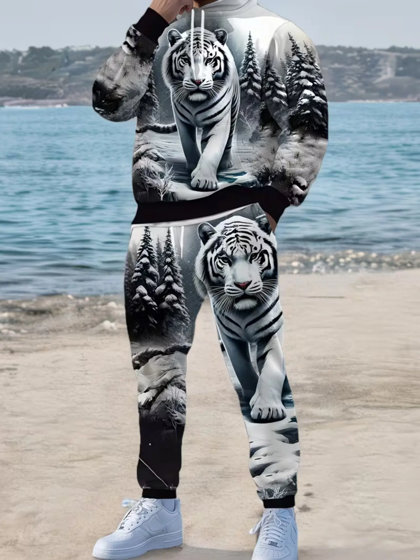Two-Piece Set Animal Tiger Full-Body Digital Print Forest Tiger Pattern Casual Hooded Long Sleeve Sweatshirt and Drawstring Pants