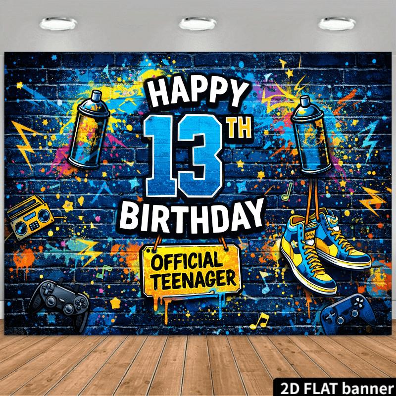 13th Birthday Backdrop Suitable for Teen & - Graffiti Street Party Decor with Brick Wall Texture, Sneakers & Game Controllers - Durable Indoor/Outdoor Decoration for 13 Year Party, Graduation, No Power Needed,