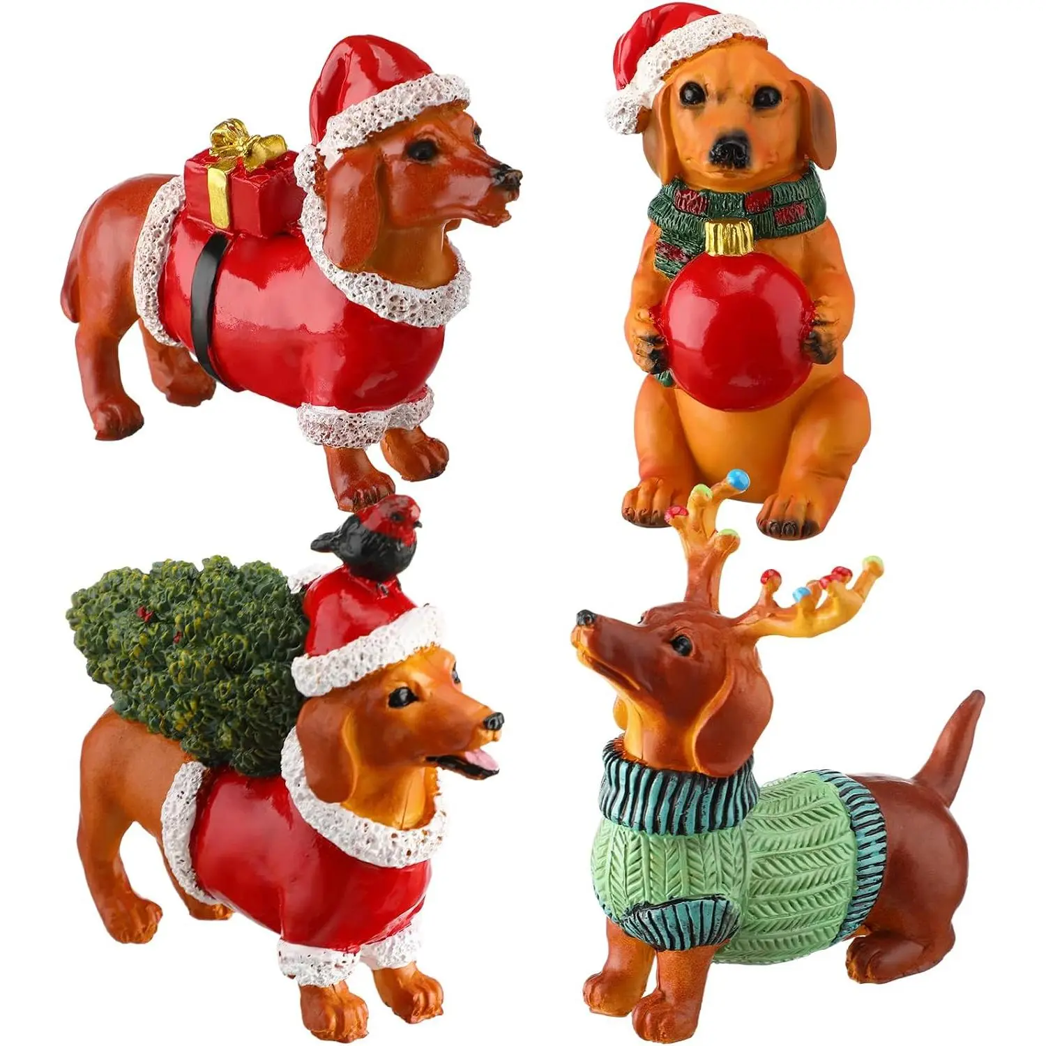 4 count Christmas Dachshund Figurines Mini Realistic Dogs with Santa Hat Christmas  Centerpiece Dachshund Decor for  Table Tiered Tray Decoration Xmas Holiday Party Favor