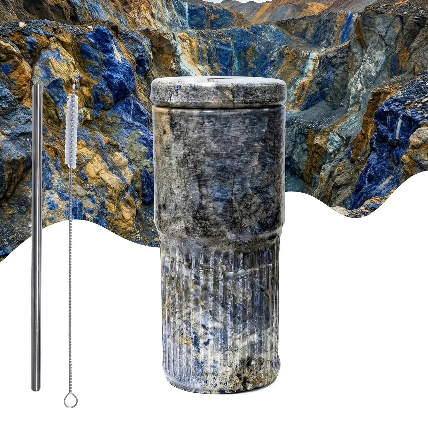 16OZ Natural Marble Stone Handcrafted Drinking Cup with a Lid And Stainless Steel Straw, Perfect for Beer And Smoothies
