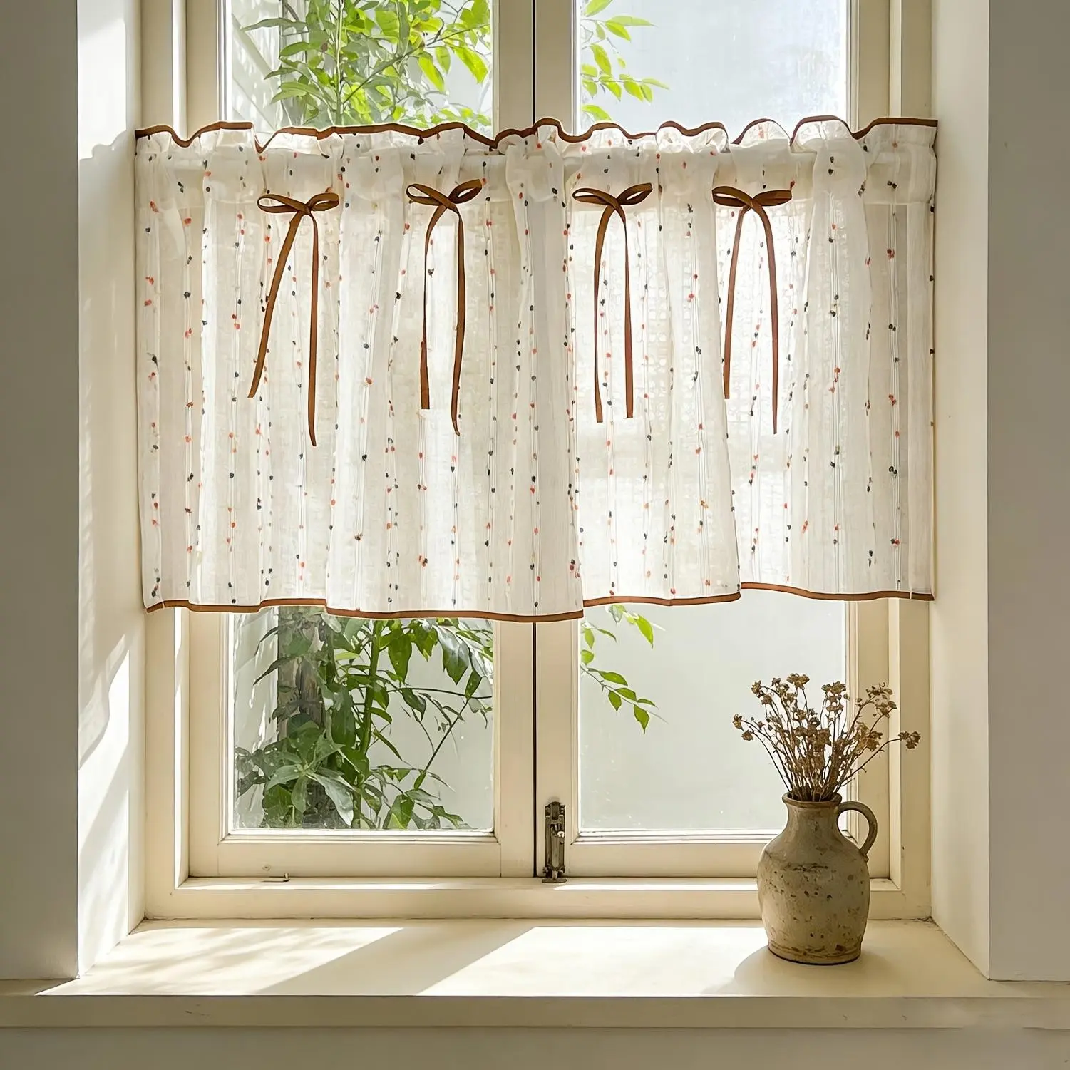 Beige Sheer Tier Curtain with Brown Bow Ties, Tiny Colorful Floral Short Window Curtain, Vintage Farmhouse Cafe Curtain for Kitchen Bathroom Small Windows