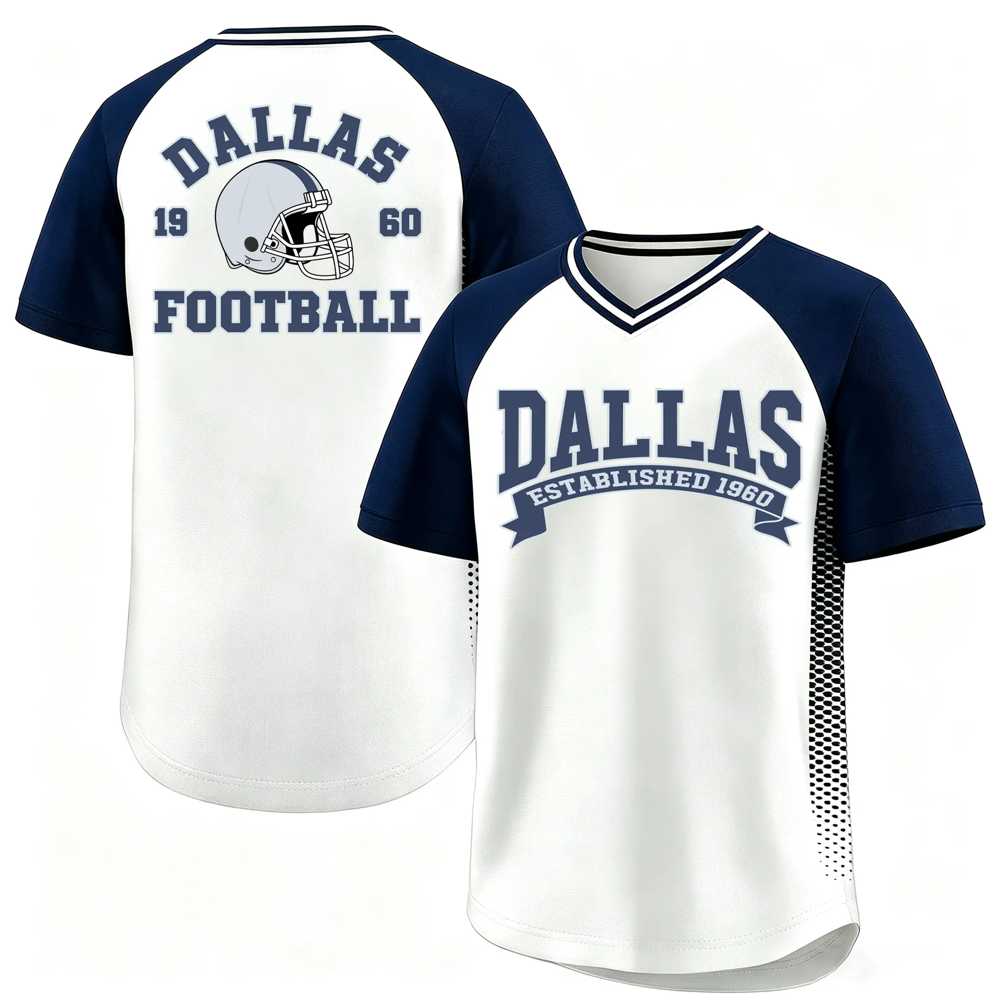 Game Day Fan Football T-Shirt, White Navy Raglan V Neck Dallas Football Helmet 1960 Print Athletic Tshirt, Unisex Holiday Daily Fan Gift Outfit # GameDay # RetroFootballTshirt # VNeckSportTee # Christmas Party Outfit # FanGiftForHimHer