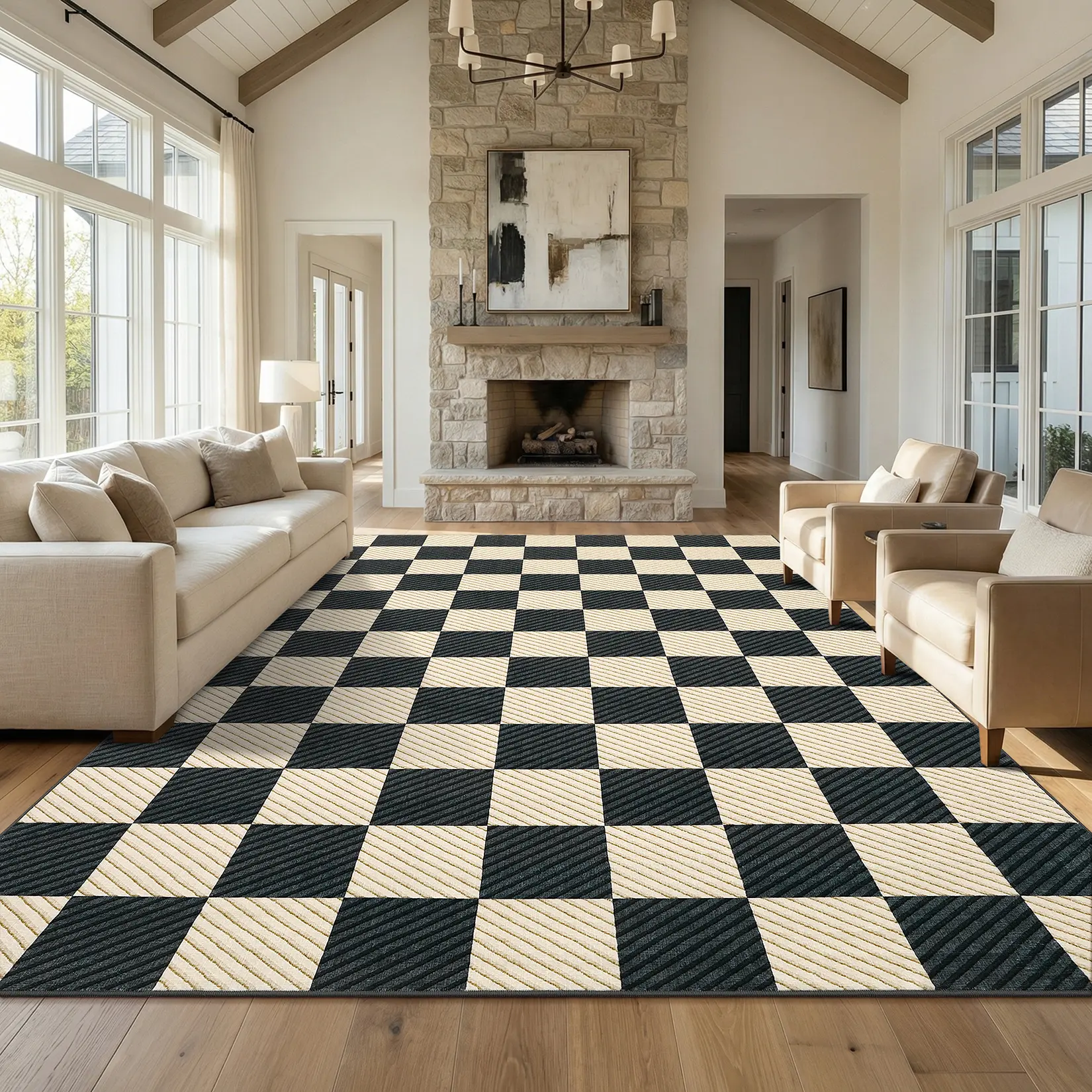 Machine Washable Checkered Living Room Rugs, Modern Geometric Soft Bedroom Rug with Non Slip Back, Low Pile Stain Resistant Large Area Rugs for Dining Room Nursery Playroom