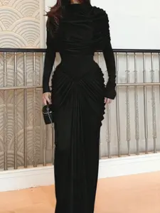 Women's Drop Shoulder High Neck Long Sleeve Pleated Evening Dress, Formal Party Wear, Elegant Chic Design, Perfect for Special Occasions