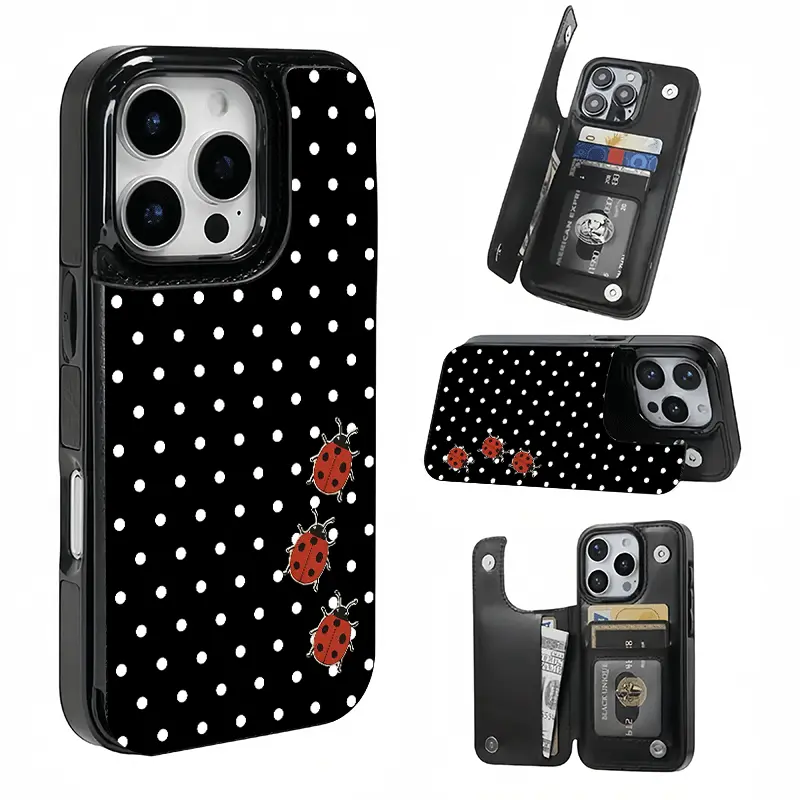 Black and White Polka Dot Ladybug Card Holder, This phone case features a card slot function, can store bank cards, transit cards and other cards, suitable for iPhone 17/16/15/14/13/12, and makes a great gift for girls.