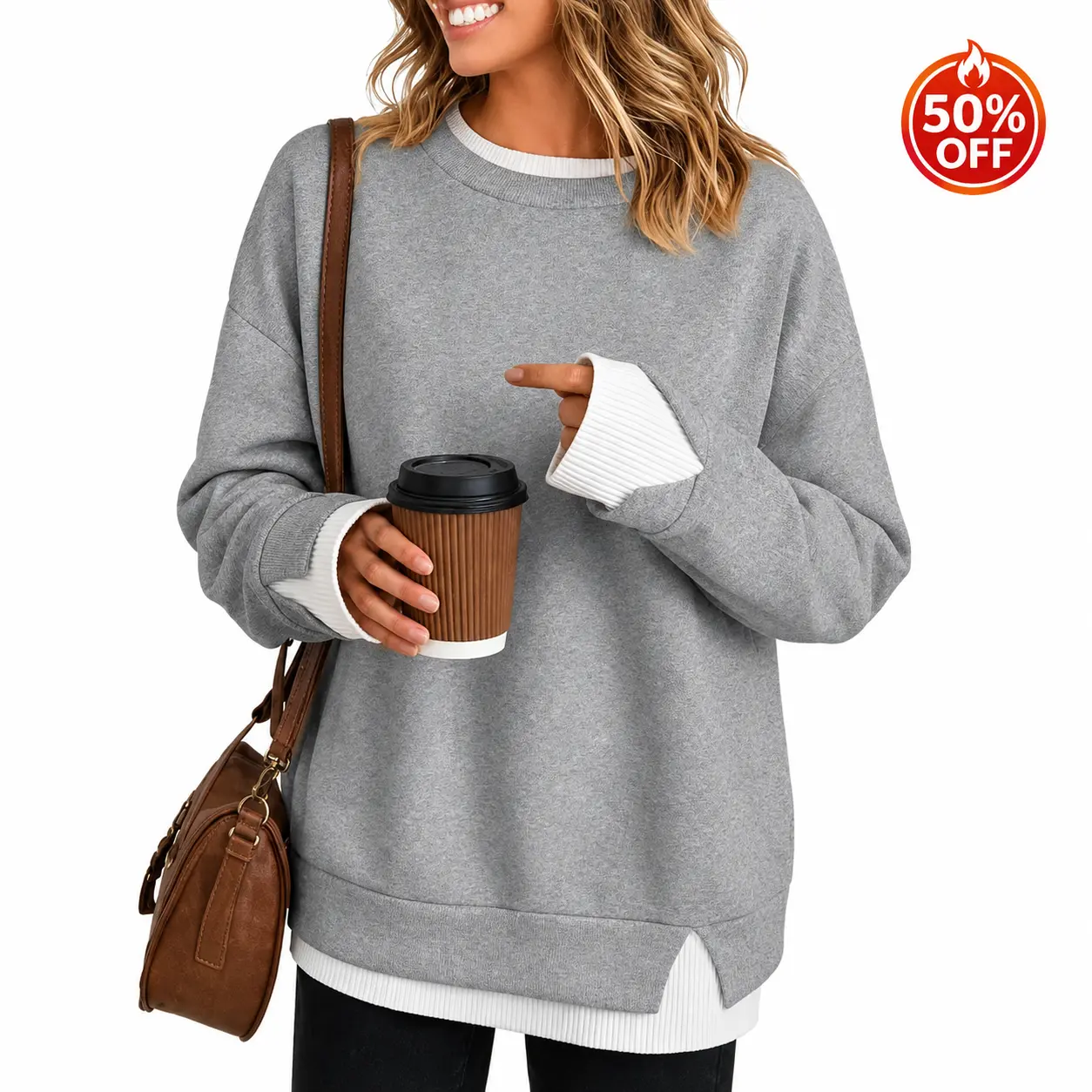 Women’s Faux-Layered Crew Neck Sweatshirt – Relaxed Long Sleeve Pullover with Ribbed Contrast Collar, Cuffs and Split Hem, Casual Loose-Fit Top for Fall, Winter, Travel and Everyday Wear