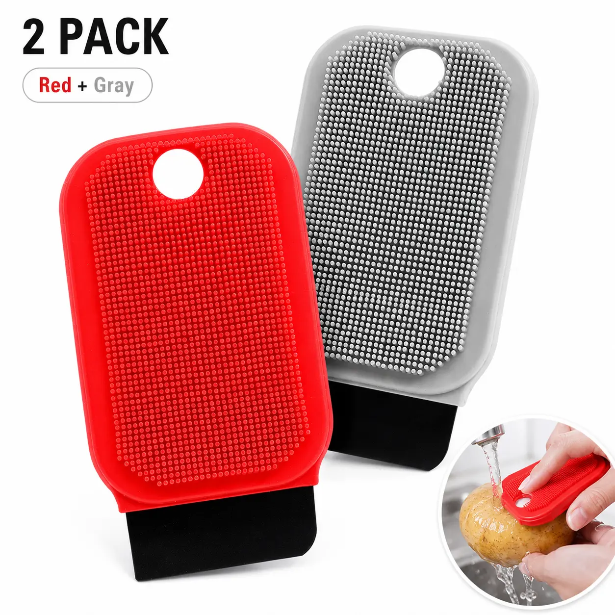 2-Pack Produce Scrubber Brush Set, Double-Sided Vegetable Cleaning Brush with Silicone Bristles, Kitchen Washer for Potato, Carrot, Cucumber