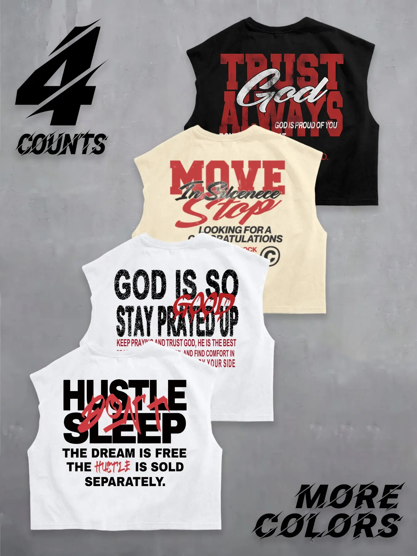 Men's 4 Pack Cropped Sleeveless Tank Tops, Faith Hustle Motivational Slogan Print, Casual Streetwear Workout Vests for Men